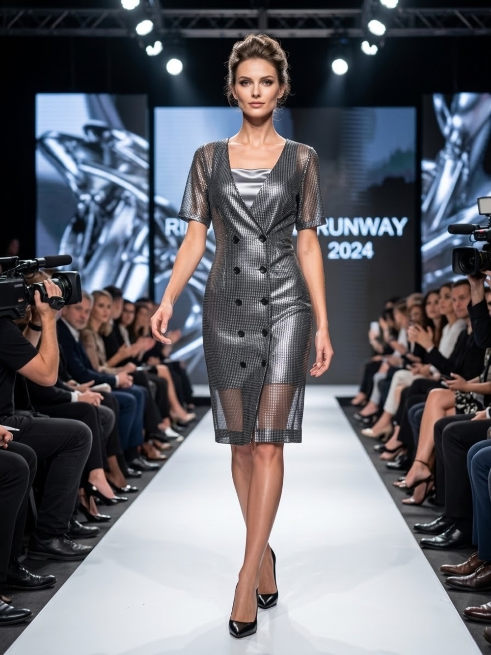 Metallic Silver Sheer Double-Breasted Shift Dress - Women